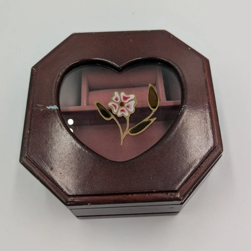 Unbranded Jewelry Box Brown Wood Heart Glass Floral Octagon Trinket Case Small